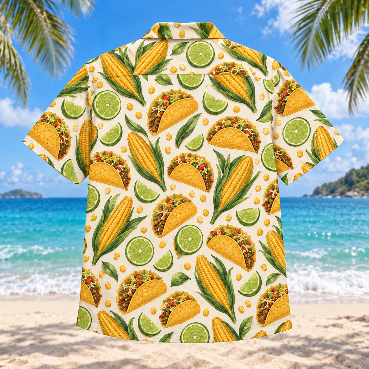 Back view of Maize and Lime Tex-Mex Hawaiian Shirt with matching artwork in gold, lime, cream