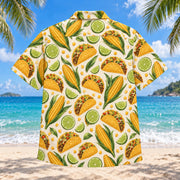 Back view of Maize and Lime Tex-Mex Hawaiian Shirt with matching artwork in gold, lime, cream