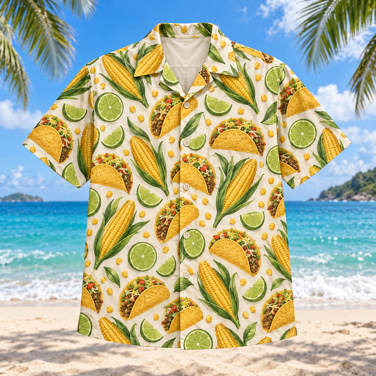 Front view of Maize and Lime Tex-Mex Hawaiian Shirt with corn ears, lime wedges and taco shells in a clean geometric food print