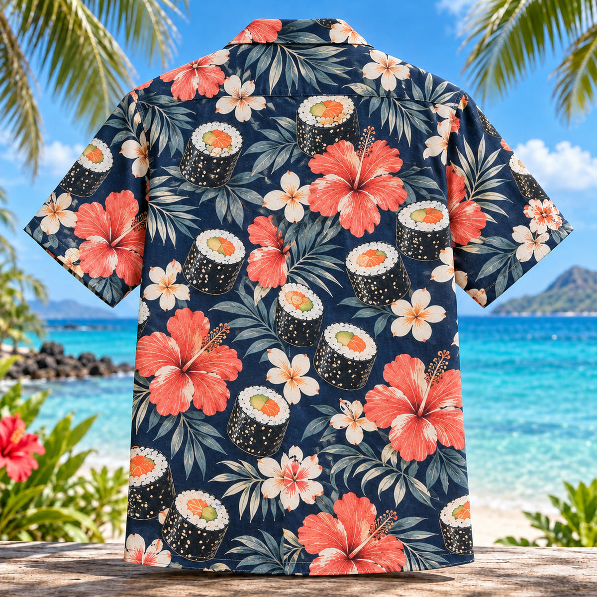 Back view of Maki Hibiscus Japanese Food Hawaiian Shirt with matching artwork in navy, coral, ivory