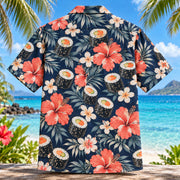 Back view of Maki Hibiscus Japanese Food Hawaiian Shirt with matching artwork in navy, coral, ivory