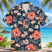 Front view of Maki Hibiscus Japanese Food Hawaiian Shirt with original maki sushi rolls among hibiscus