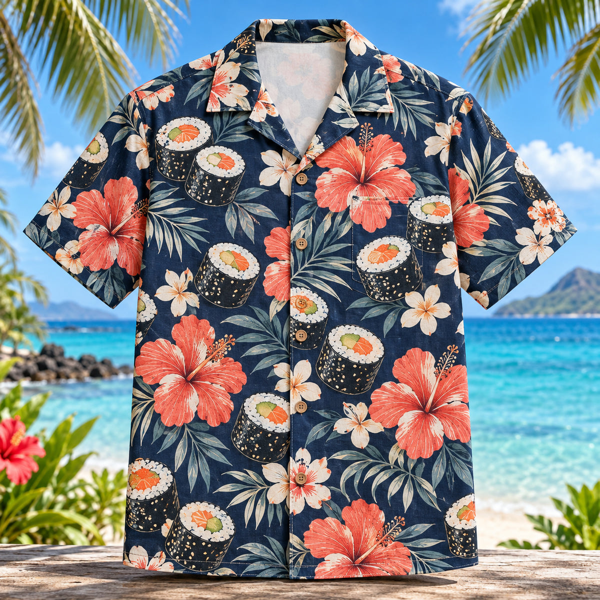 Front view of Maki Hibiscus Japanese Food Hawaiian Shirt with original maki sushi rolls among hibiscus