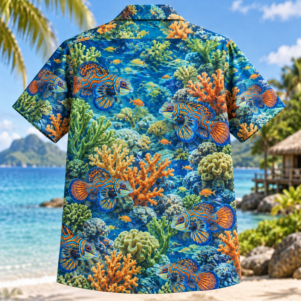 Back view of Mandarin Dragonet Reef Aquarium Hawaiian Shirt with matching artwork in blue, orange, green