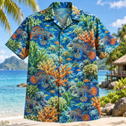Front view of Mandarin Dragonet Reef Aquarium Hawaiian Shirt with mandarin dragonet fish in a colorful reef