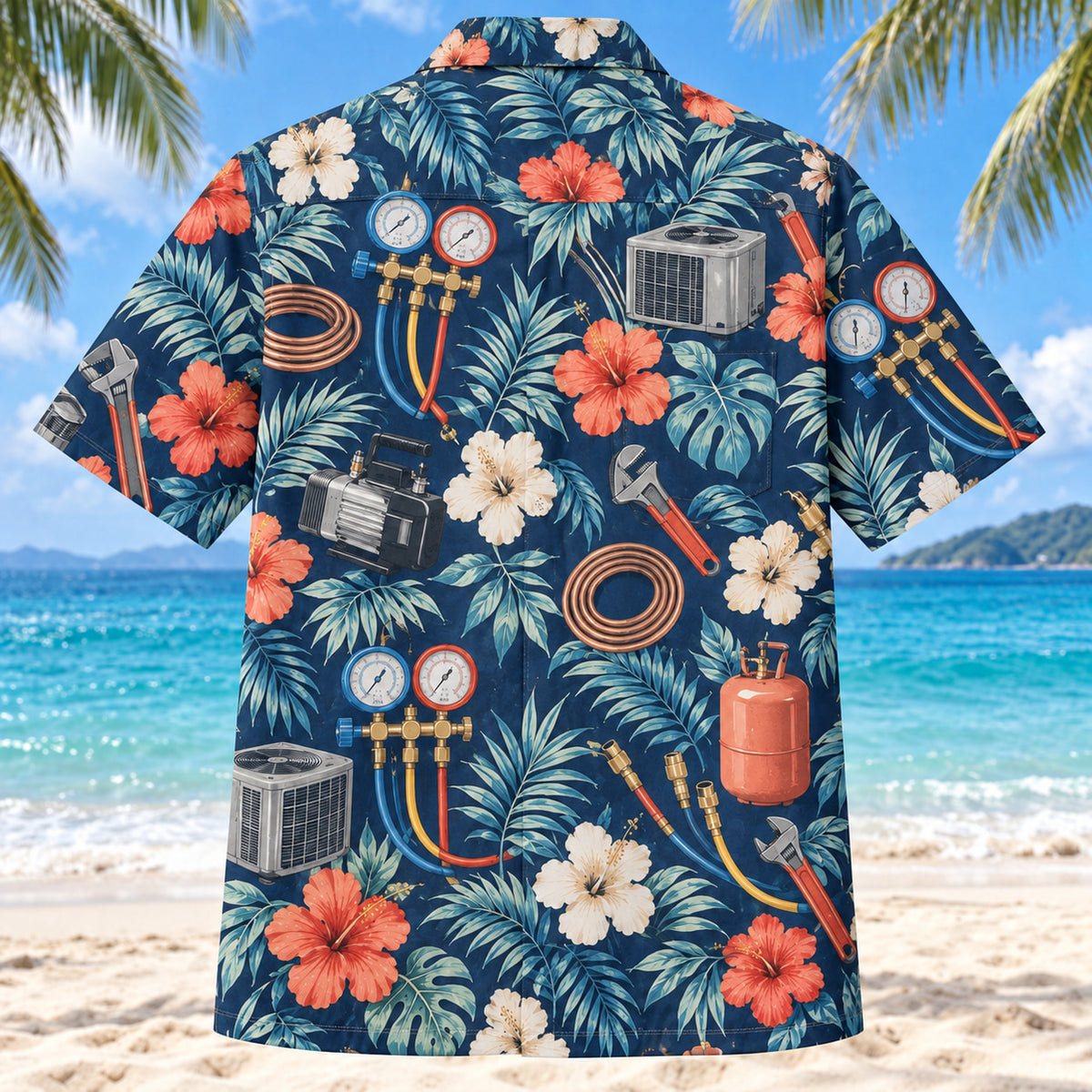 Back view of Manifold Gauge HVAC Hawaiian Shirt with matching artwork in navy, cream, coral