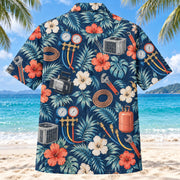 Back view of Manifold Gauge HVAC Hawaiian Shirt with matching artwork in navy, cream, coral