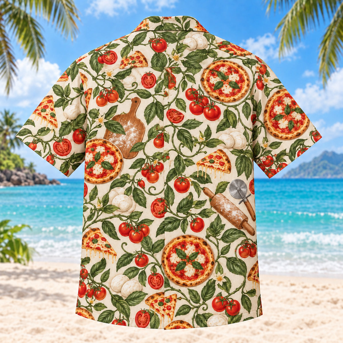 Back view of Margherita Vine Home Pizza Making Hawaiian Shirt with matching artwork in terracotta, olive, ivory