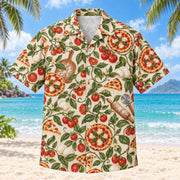 Front view of Margherita Vine Home Pizza Making Hawaiian Shirt with original, text-free illustrations of tomato, basil and mozzarella-inspired pizza illustrations on winding vines