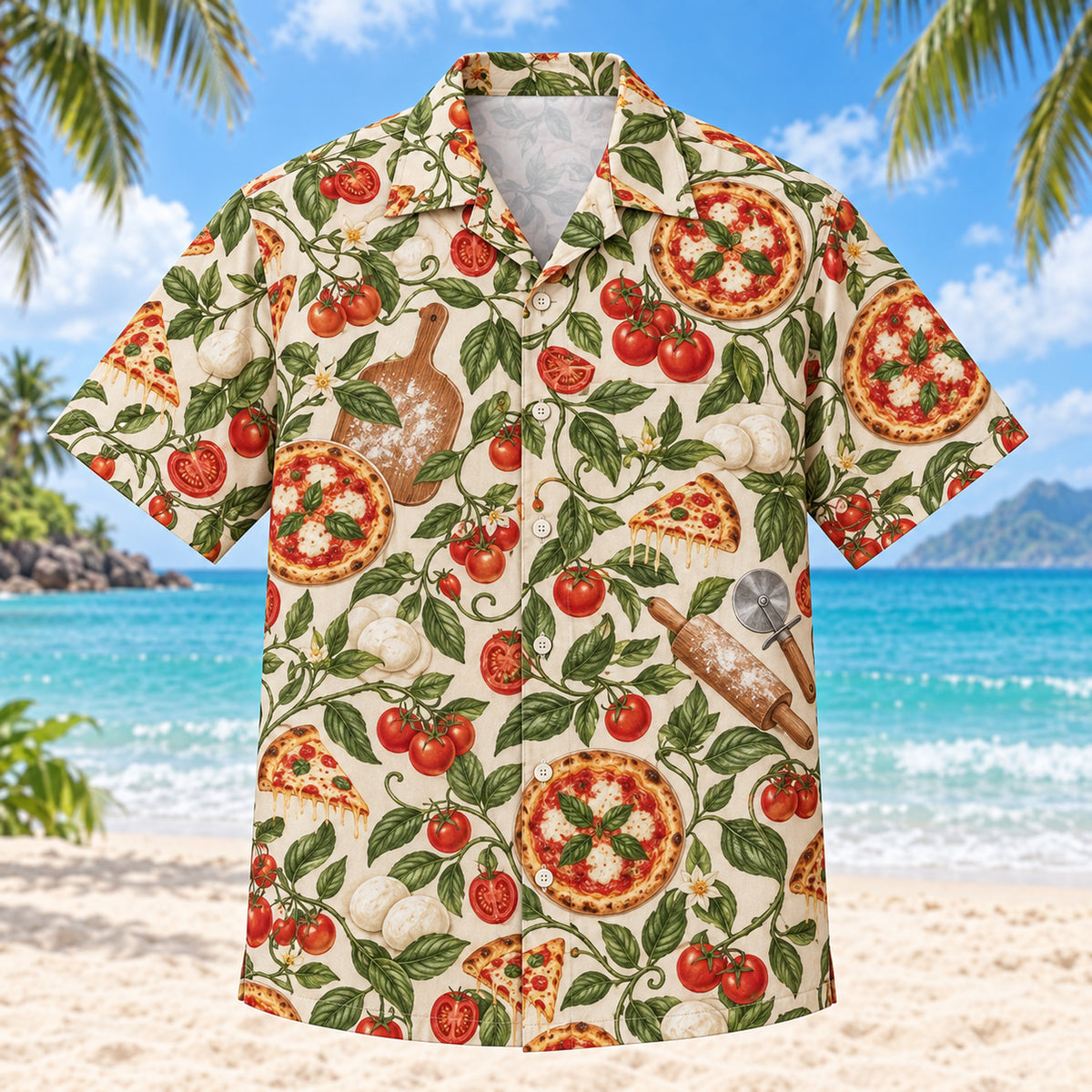 Front view of Margherita Vine Home Pizza Making Hawaiian Shirt with original, text-free illustrations of tomato, basil and mozzarella-inspired pizza illustrations on winding vines