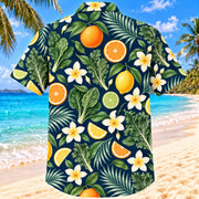 Back view of Market Bloom Navy Cream Registered Dietitian Hawaiian Shirt with matching artwork in navy, warm ivory, pale seafoam