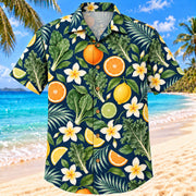 Front view of Market Bloom Navy Cream Registered Dietitian Hawaiian Shirt with original citrus, leafy greens and plumeria in an airy produce pattern