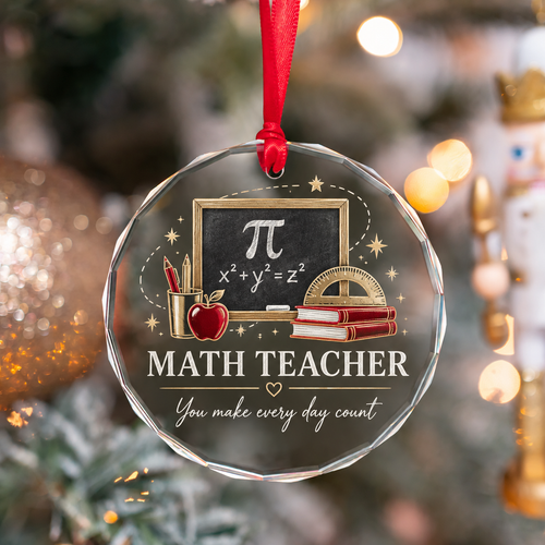 Math Teacher crystal glass ornament with chalkboard artwork and red satin hanging ribbon