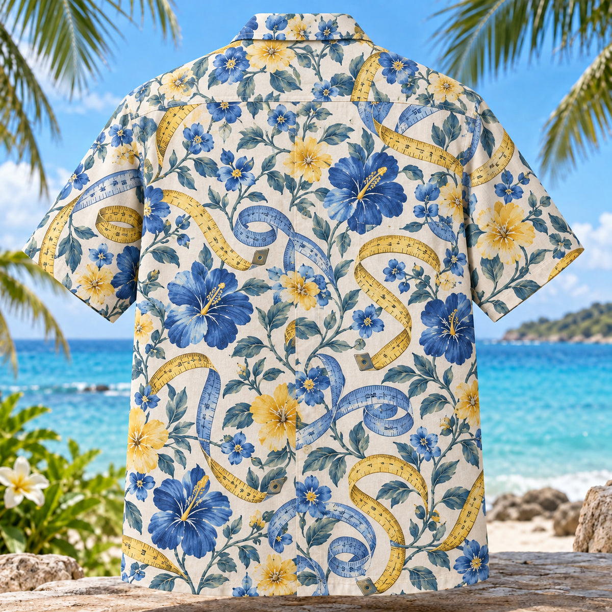 Back view of Measuring Tape Sewing and Quilting Hawaiian Shirt with matching artwork in blue, yellow, ivory