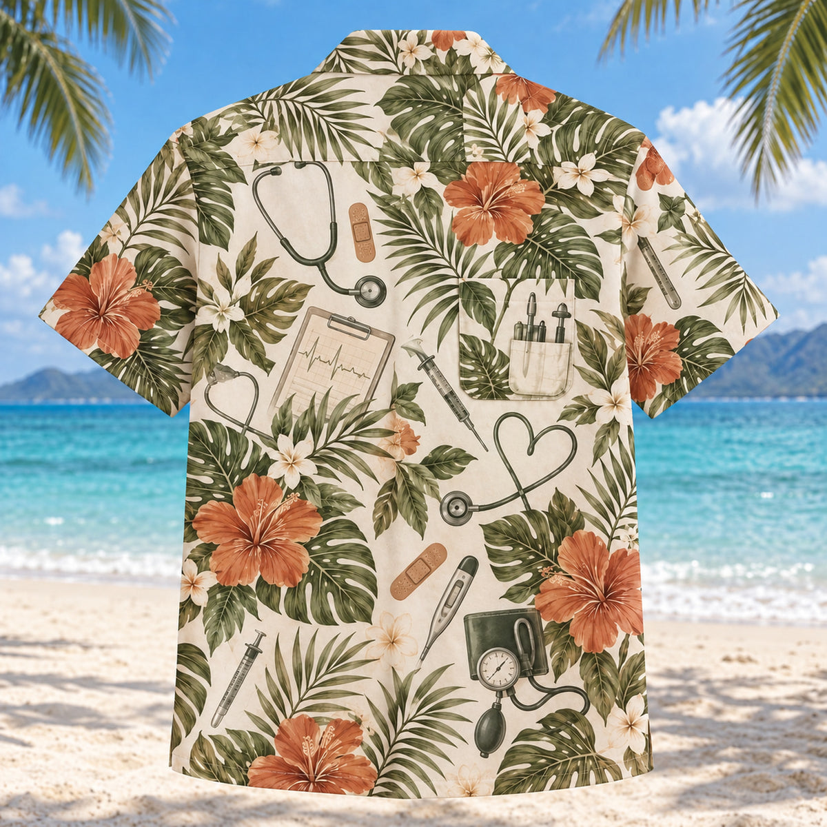 Back view of Medical Chart Nurse Hawaiian Shirt with matching artwork in olive, cream, terracotta