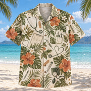 Front view of Medical Chart Nurse Hawaiian Shirt with original medical chart motifs, with tropical botanical accents; no text or branded equipment