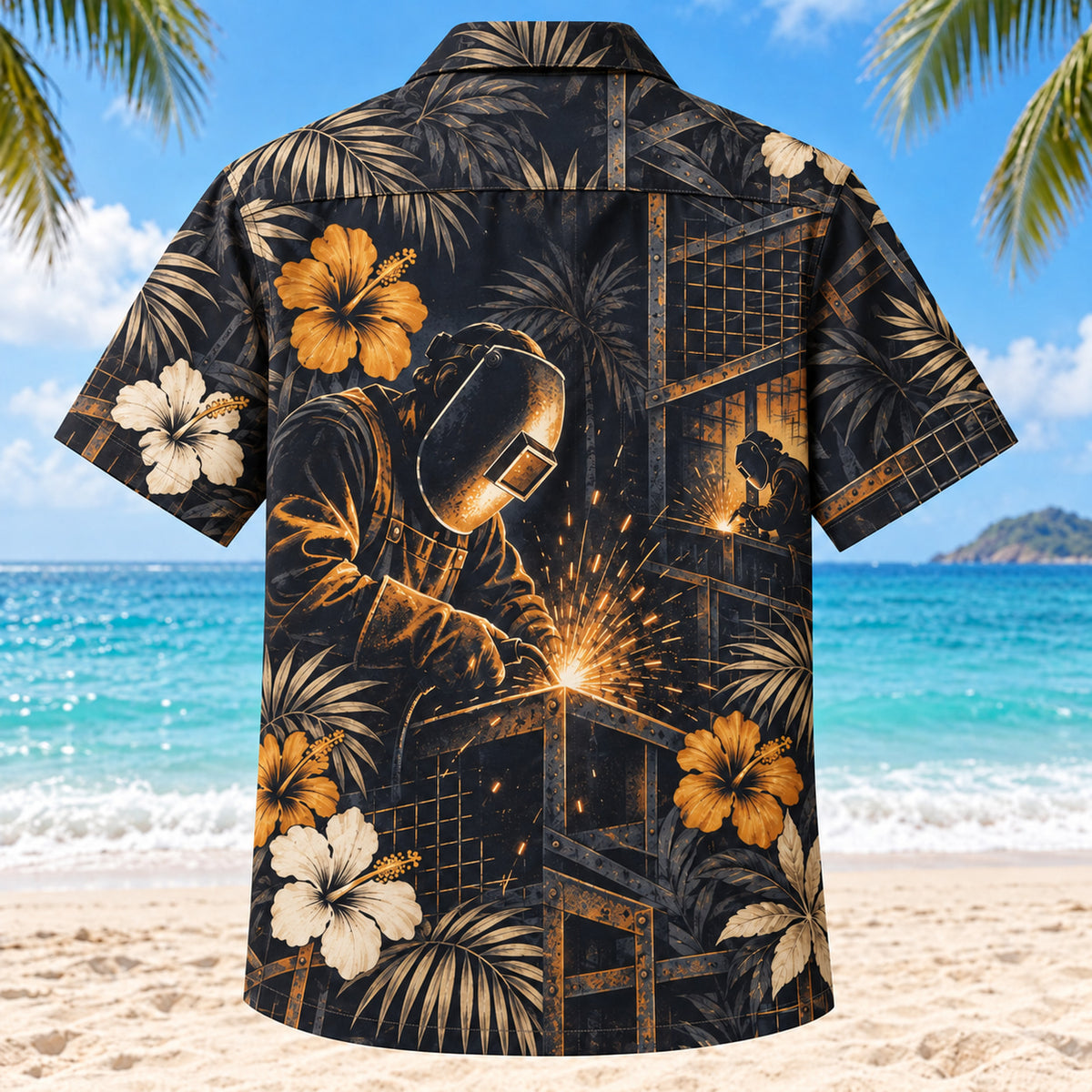 Back view of Metal Grid Welder Hawaiian Shirt with matching artwork in midnight, amber, ivory