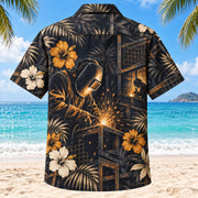 Back view of Metal Grid Welder Hawaiian Shirt with matching artwork in midnight, amber, ivory