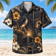 Front view of Metal Grid Welder Hawaiian Shirt with original metal grid motifs, with tropical botanical accents; no text or branded equipment