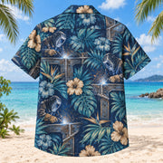 Back view of Metal Joint Welder Hawaiian Shirt with matching artwork in indigo, aqua, tan