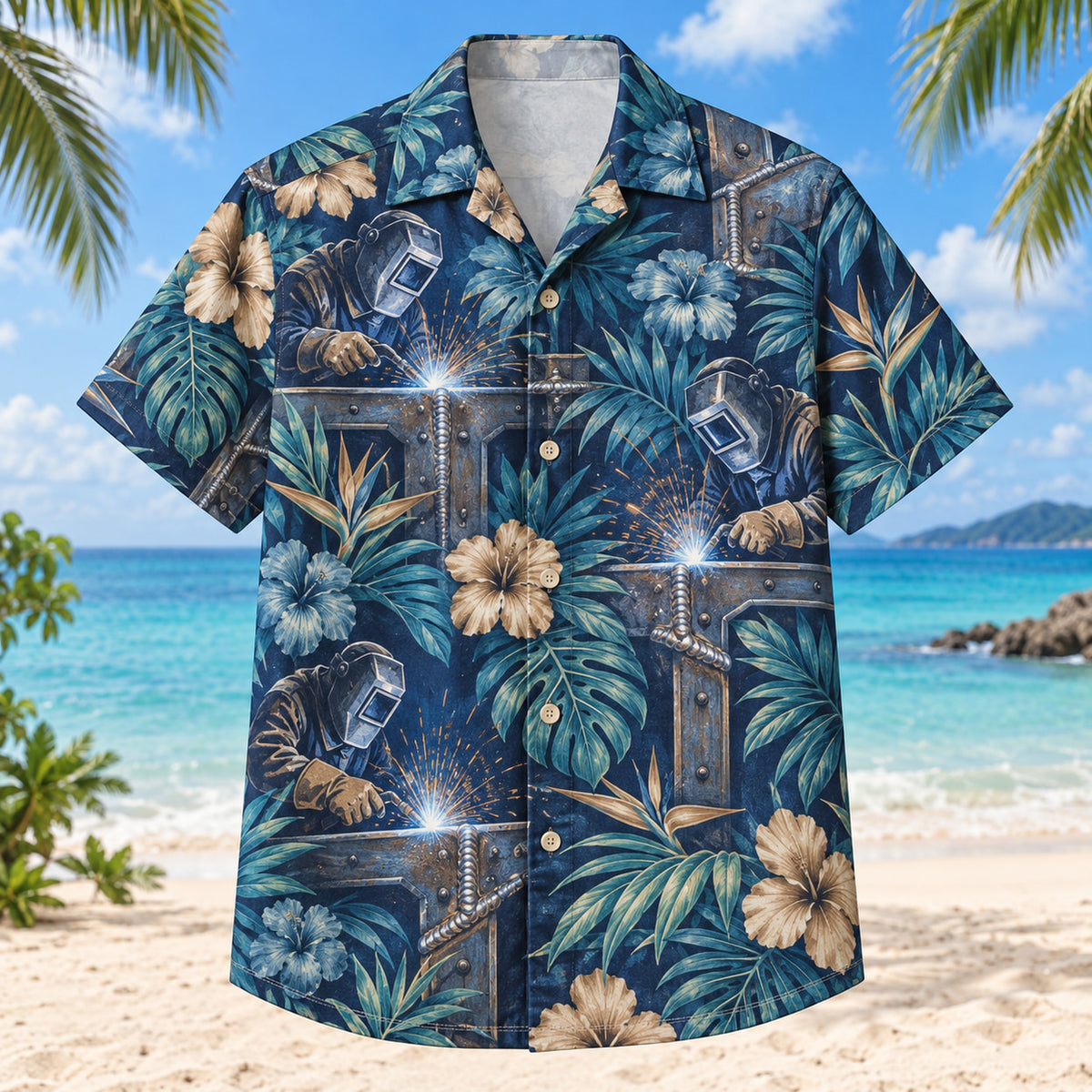 Front view of Metal Joint Welder Hawaiian Shirt with original metal joint motifs, with tropical botanical accents; no text or branded equipment