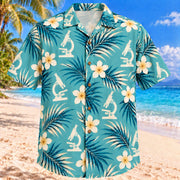 Front view of Microscope Leaves Aqua Sand Medical Laboratory Technologist Hawaiian Shirt on a Hawaiian beach with fine white or light yellow sand and no dark rocks