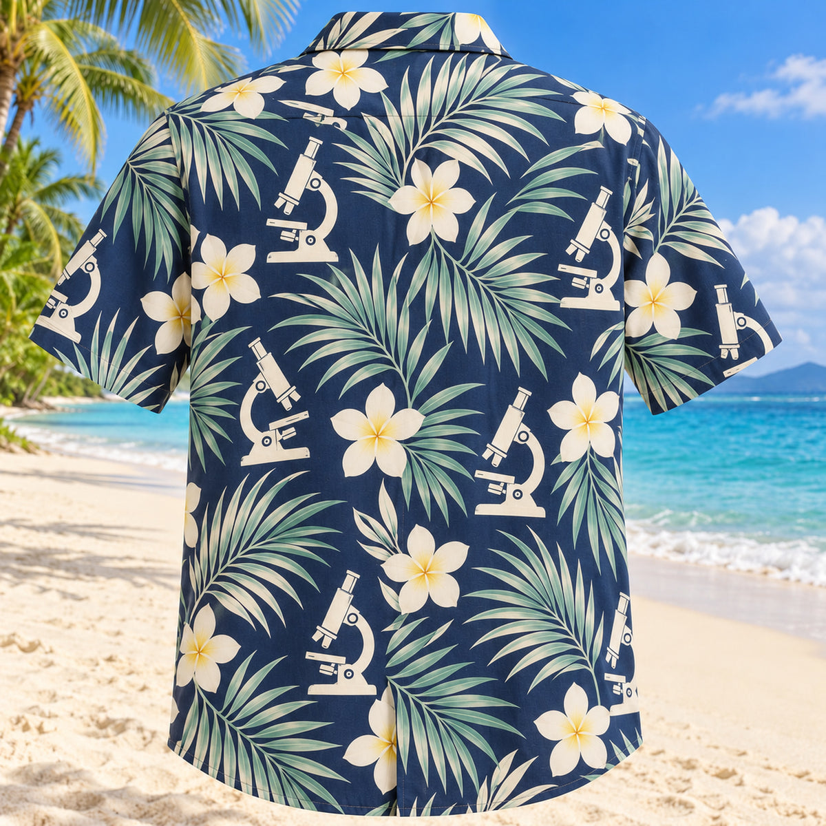 Back view of Microscope Leaves Navy Cream Medical Laboratory Technologist Hawaiian Shirt with matching artwork in navy, warm ivory, pale seafoam