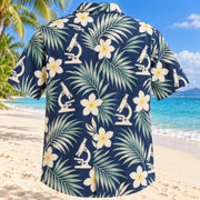 Back view of Microscope Leaves Navy Cream Medical Laboratory Technologist Hawaiian Shirt with matching artwork in navy, warm ivory, pale seafoam