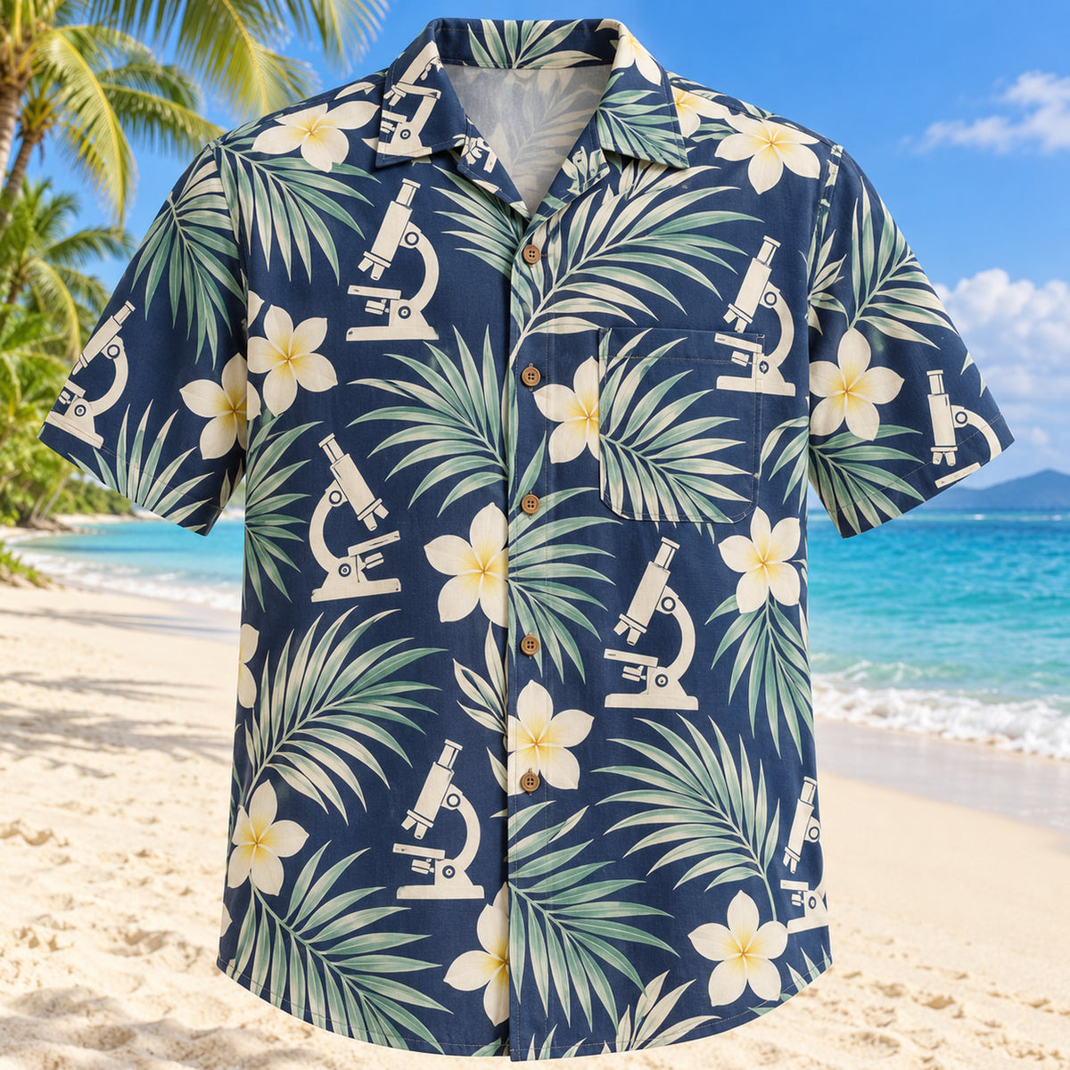 Microscope Leaves Navy Cream Medical Laboratory Technologist Hawaiian Shirt