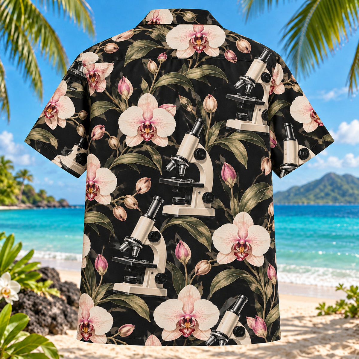 Back view of Microscope Orchid Chemistry Hawaiian Shirt with matching artwork in black, blush, cream