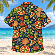 Back view of Midnight Basil Home Pizza Making Hawaiian Shirt with matching artwork in terracotta, olive, ivory