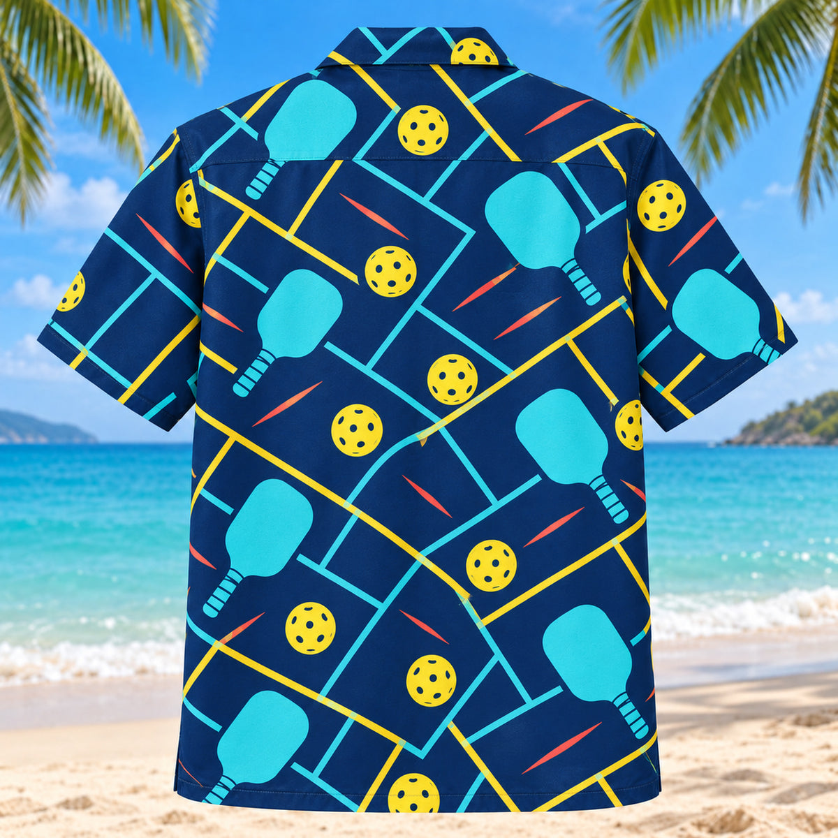 Back view of Midnight Court Rally Pickleball Hawaiian Shirt with matching pickleball artwork in midnight navy, electric aqua, golden yellow, coral