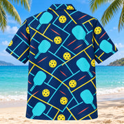 Back view of Midnight Court Rally Pickleball Hawaiian Shirt with matching pickleball artwork in midnight navy, electric aqua, golden yellow, coral