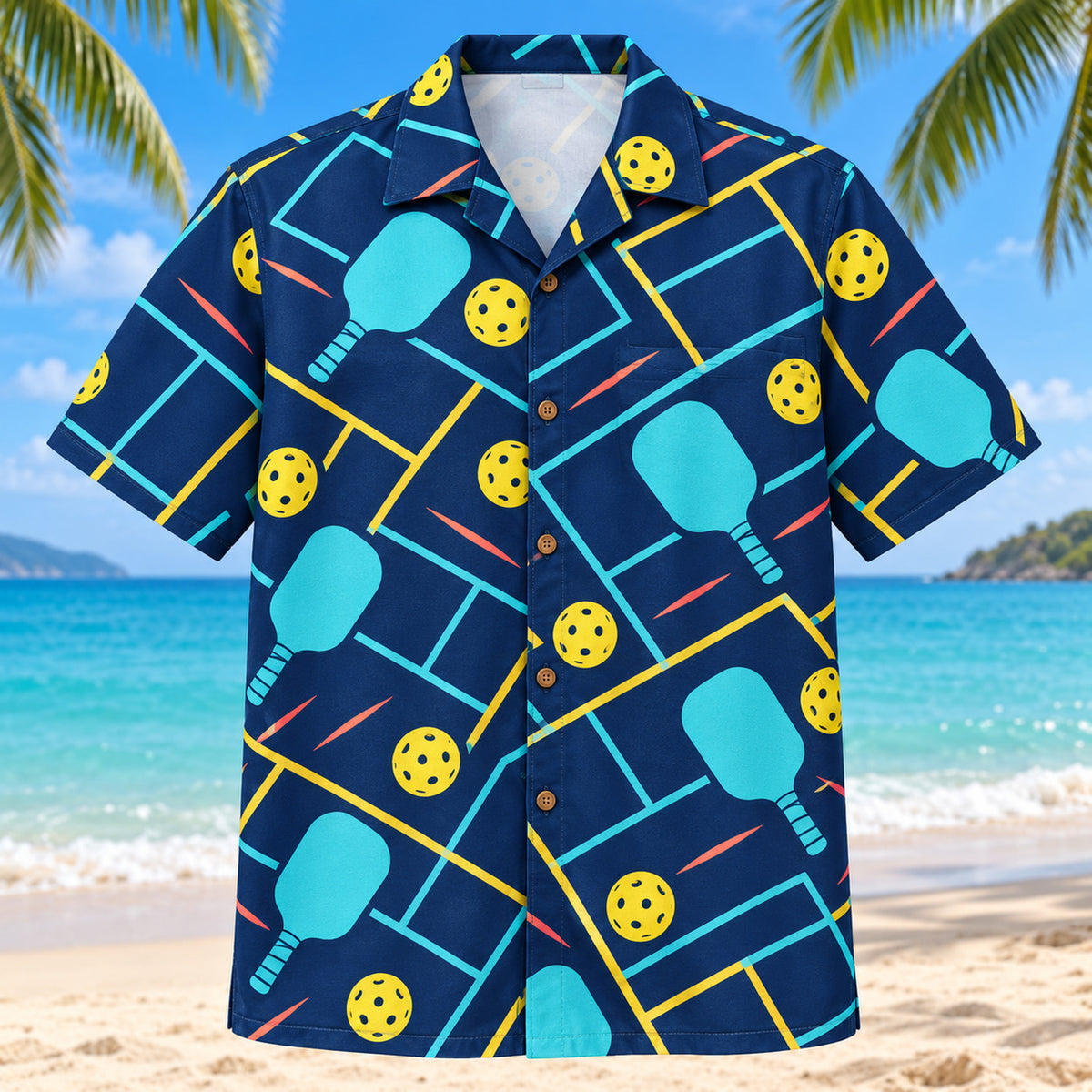 Front view of Midnight Court Rally Pickleball Hawaiian Shirt with bold illuminated court-line geometry, generic aqua paddles and perforated yellow balls, tiny coral flashes