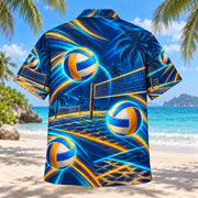 Back view of Midnight Glow Beach Volleyball Hawaiian Shirt with matching beach volleyball artwork in midnight navy, electric aqua, amber