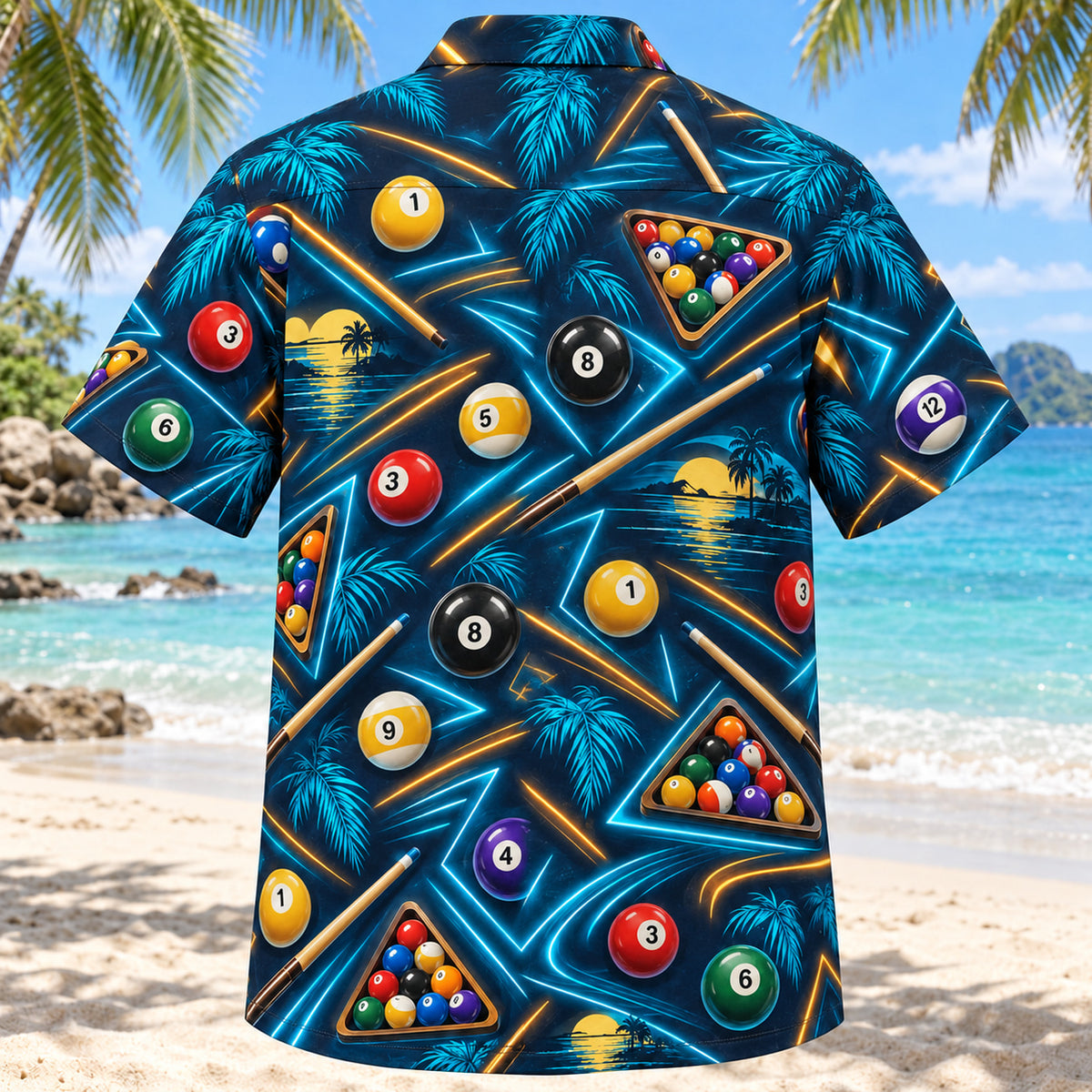 Back view of Midnight Glow Billiards Hawaiian Shirt with matching billiards artwork in midnight navy, electric aqua, amber