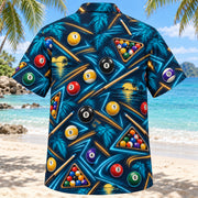 Back view of Midnight Glow Billiards Hawaiian Shirt with matching billiards artwork in midnight navy, electric aqua, amber