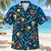 Front view of Midnight Glow Billiards Hawaiian Shirt with luminous geometric motion lines framing numbered pool balls, plain cue sticks and simple racking triangles