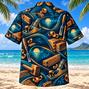 Back view of Midnight Glow Carpenter Hawaiian Shirt with matching carpenter artwork in midnight navy, electric aqua, amber