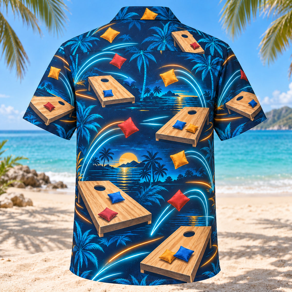 Back view of Midnight Glow Cornhole Hawaiian Shirt with matching cornhole artwork in midnight navy, electric aqua, amber