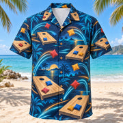 Front view of Midnight Glow Cornhole Hawaiian Shirt with luminous geometric motion lines framing plain wooden cornhole boards with circular holes, colorful fabric bean bags and toss arcs