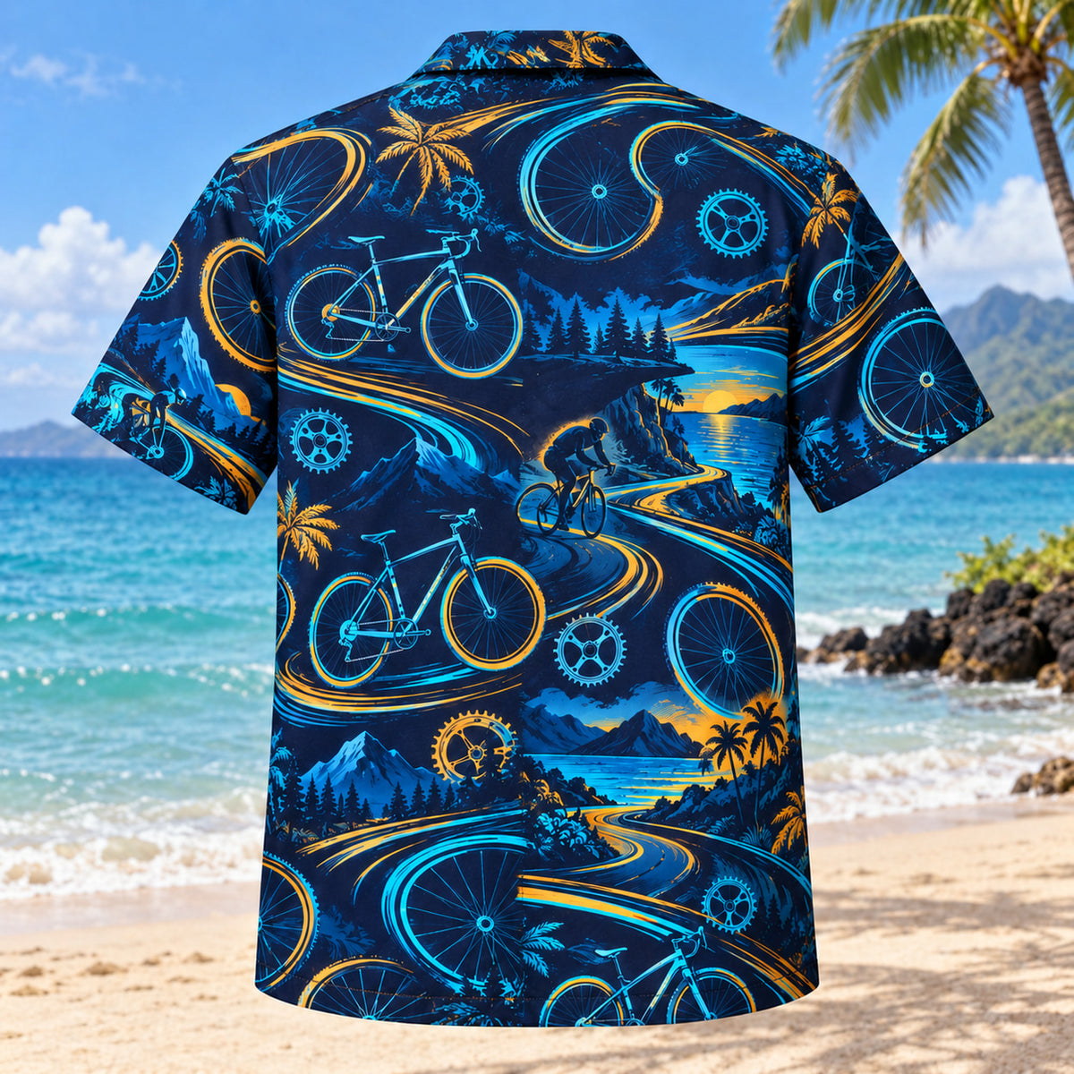 Back view of Midnight Glow Cycling Hawaiian Shirt with matching cycling artwork in midnight navy, electric aqua, amber
