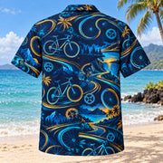 Back view of Midnight Glow Cycling Hawaiian Shirt with matching cycling artwork in midnight navy, electric aqua, amber