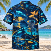 Back view of Midnight Glow Disc Golf Hawaiian Shirt with matching disc golf artwork in midnight navy, electric aqua, amber