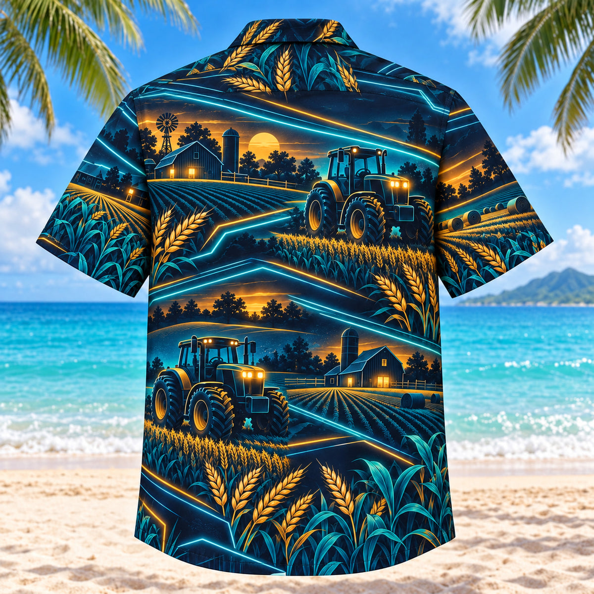 Back view of Midnight Glow Farmer and Tractor Hawaiian Shirt with matching farmer and tractor artwork in midnight navy, electric aqua, amber
