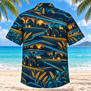 Back view of Midnight Glow Farmer and Tractor Hawaiian Shirt with matching farmer and tractor artwork in midnight navy, electric aqua, amber