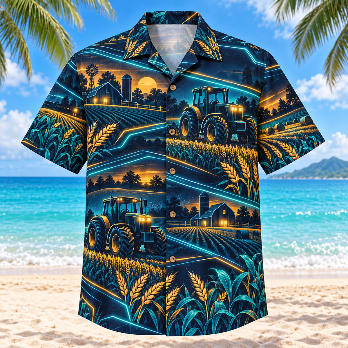 Midnight Glow Farmer and Tractor Hawaiian Shirt