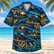 Front view of Midnight Glow Farmer and Tractor Hawaiian Shirt with luminous geometric motion lines framing generic tractors, fields, wheat, barns and crops
