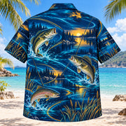 Back view of Midnight Glow Freshwater Fishing Hawaiian Shirt with matching freshwater fishing artwork in midnight navy, electric aqua, amber