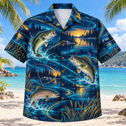 Front view of Midnight Glow Freshwater Fishing Hawaiian Shirt with luminous geometric motion lines framing original bass, trout and walleye illustrations, plain rods, lake ripples and reeds